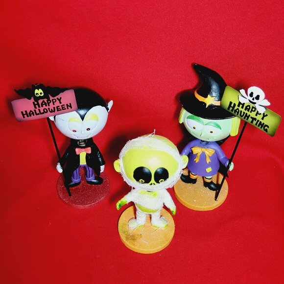 Halloween Figurines Witch Dracula Mummy Bobble Head Spring Set of 3 - Picture 3 of 12